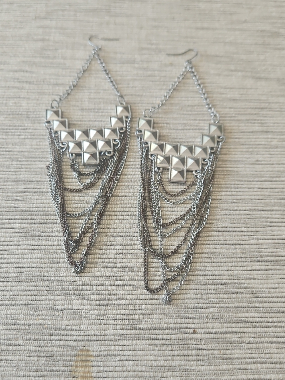 4 For $10 Silver Geometric Pyramid Chain Drop Earrings